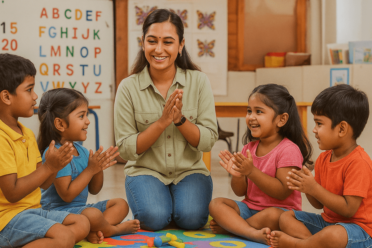 Akshram teacher guiding kids in classroom – Namakkal preschool